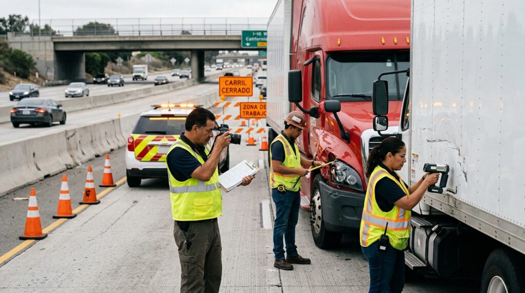 Investigadores documentan colisión de camiones en zona de construcción junto a carretera cerrada.