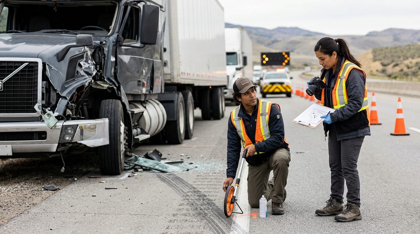 Investigadores documentan colisión de vehículos comerciales en carretera cerrada.