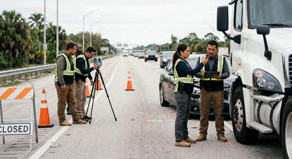 Investigadores documentan colisión de vehículos comerciales en carretera cerrada.