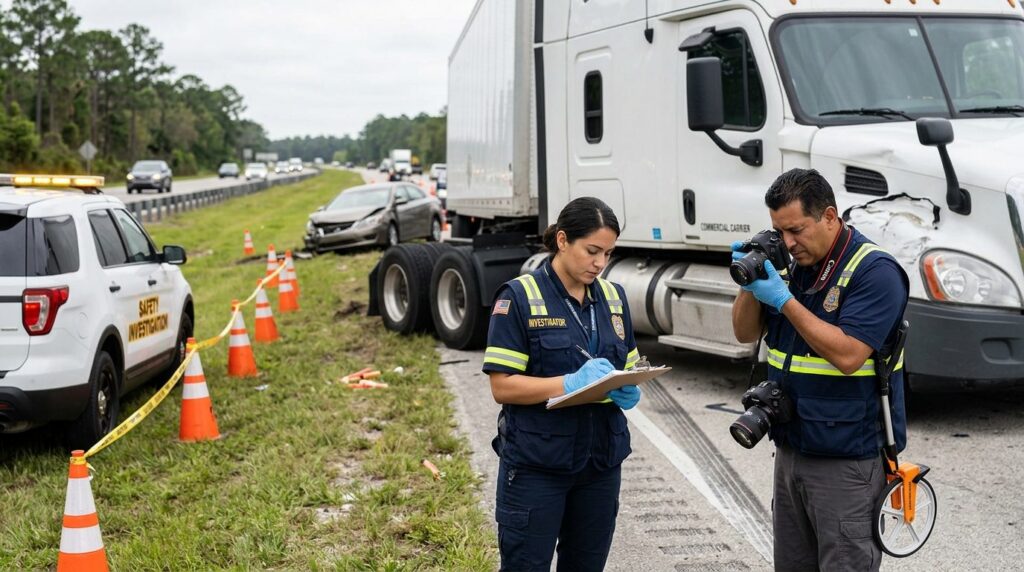 Investigadores documentan colisión de vehículos comerciales en carretera cerrada.