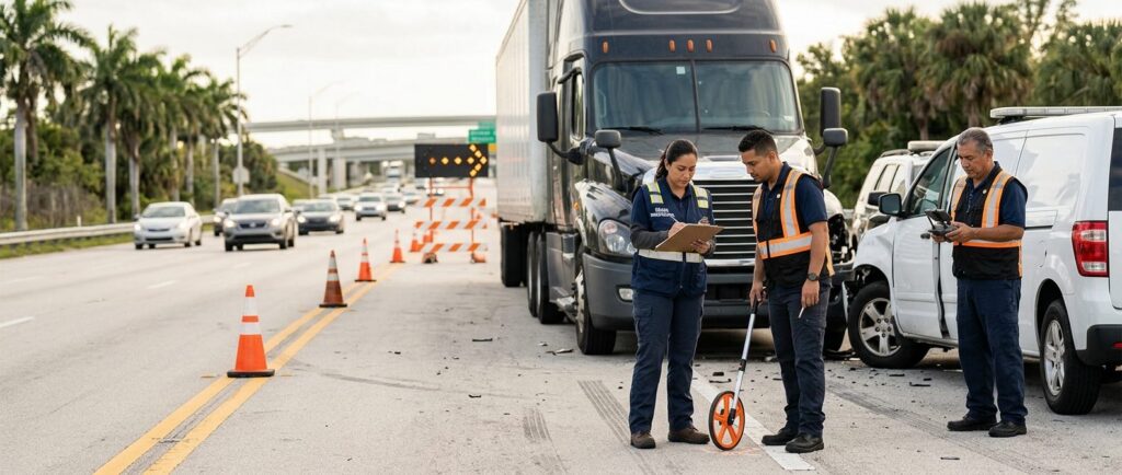 Investigadores documentan colisión de vehículos comerciales en carretera cerrada.