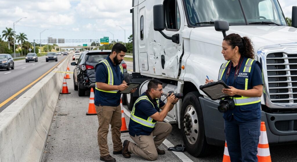 Investigadores documentan colisión de vehículos comerciales en carretera cerrada.