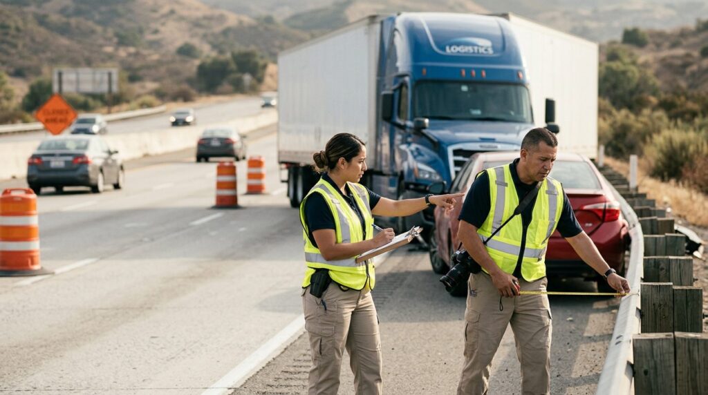 Investigadores documentan colisión de vehículos comerciales en carretera cerrada.