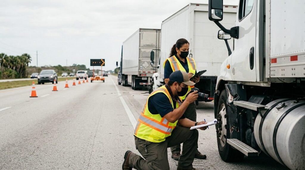 Investigadores documentan colisión de vehículos comerciales en carretera cerrada.