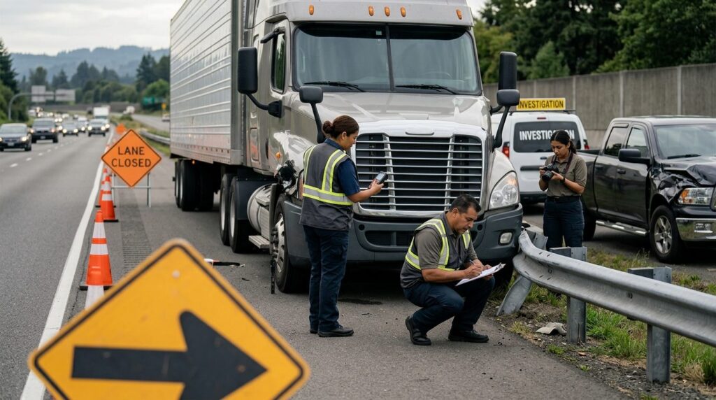 Investigadores documentan colisión de vehículos comerciales en carretera cerrada.