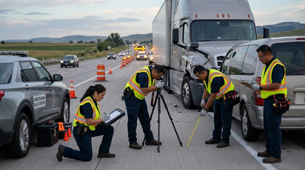 Investigadores documentan colisión de vehículos comerciales en carretera cerrada.