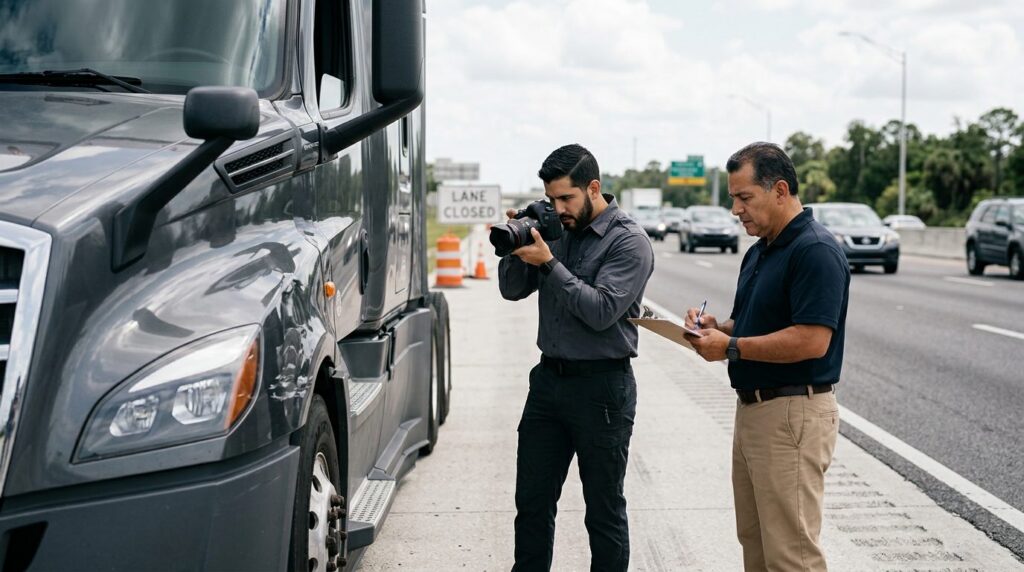 Investigadores documentan colisión de vehículos en carretera cerrada con personal hispano.