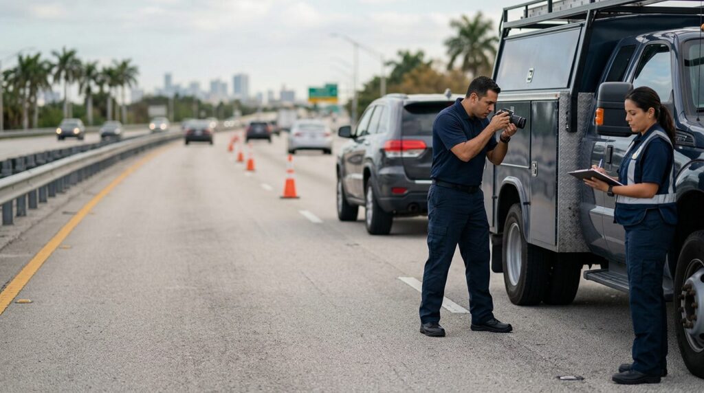 Investigadores documentan colisión de vehículos en carretera cerrada.
