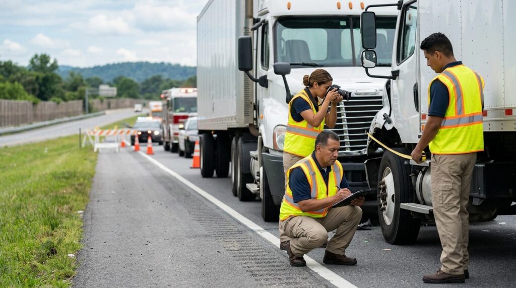 Investigadores documentan colisión de vehículos en carretera cerrada.