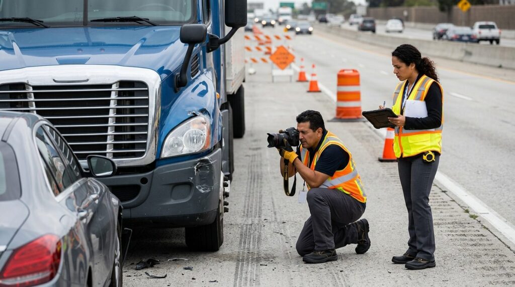 Investigadores documentan colisión de vehículos en carretera cerrada con personal hispano.