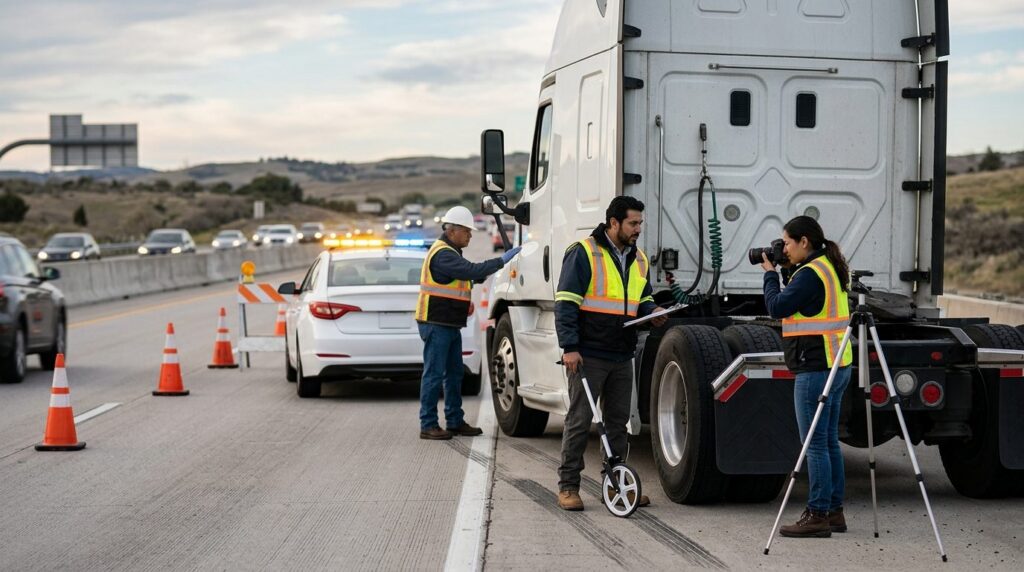 Investigadores documentan colisión de vehículos en carretera cerrada.