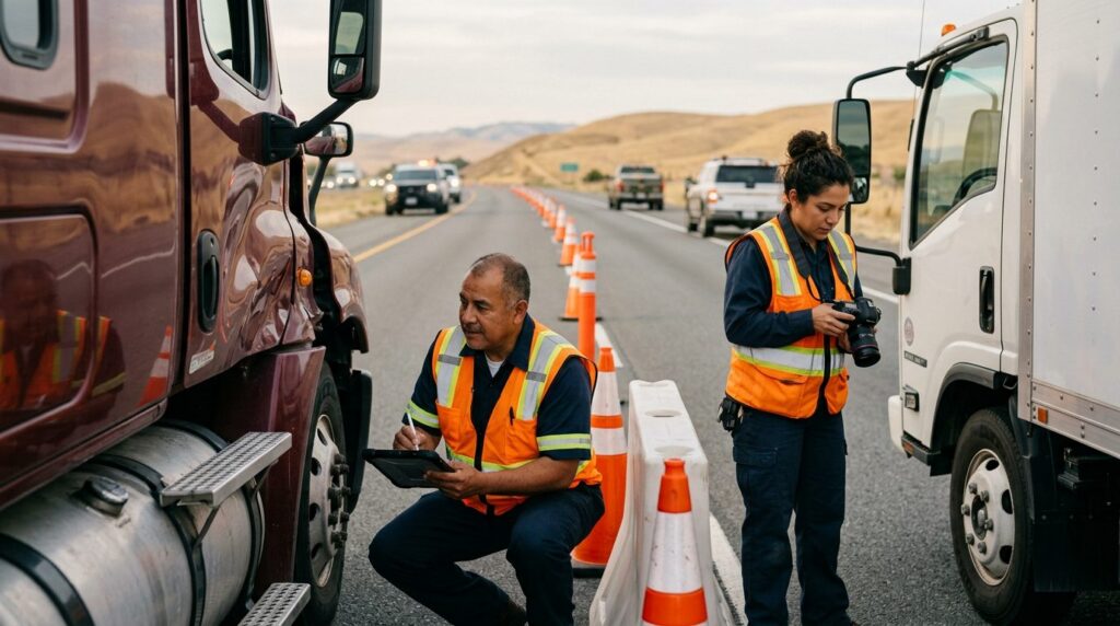 Investigadores documentan colisión de vehículos en carretera cerrada junto a camión comercial.