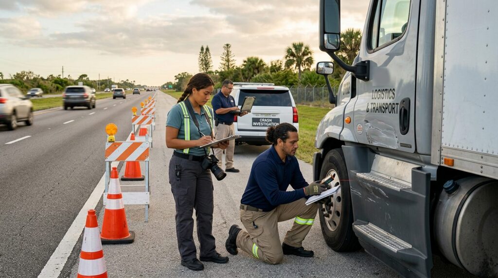 Investigadores documentan colisión de vehículos en carretera cerrada.