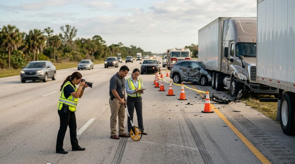 Investigadores documentan colisión de vehículos en carretera cerrada con personas hispanas.