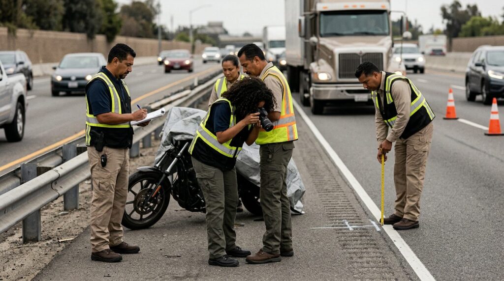 Investigadores documentan colisión entre camión comercial y motocicleta en carretera cerrada.