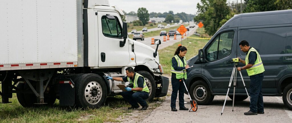 Investigadores documentan colisión entre vehículos en carretera cerrada.