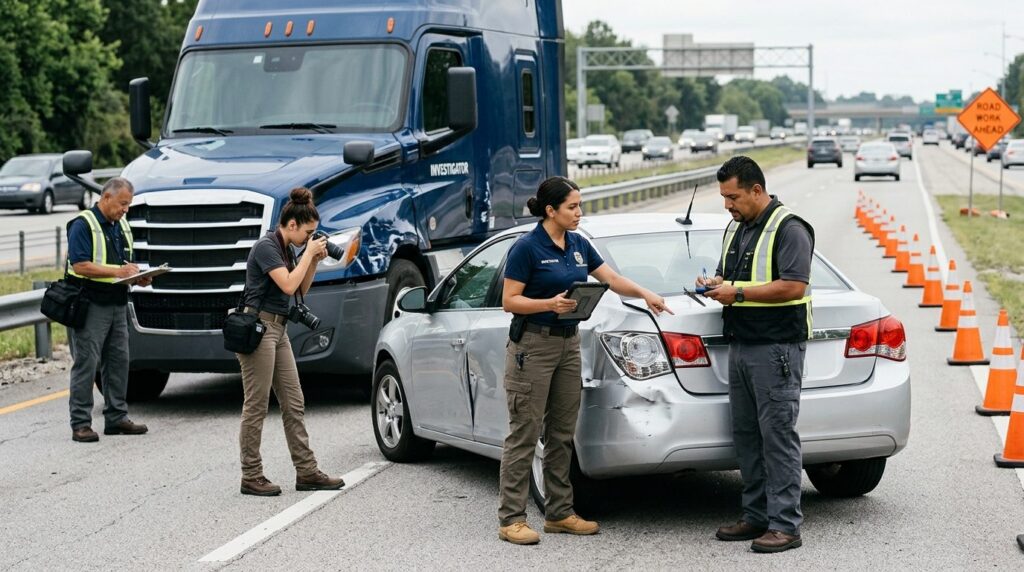 Investigadores documentan daños de vehículos tras colisión en carretera cerrada.