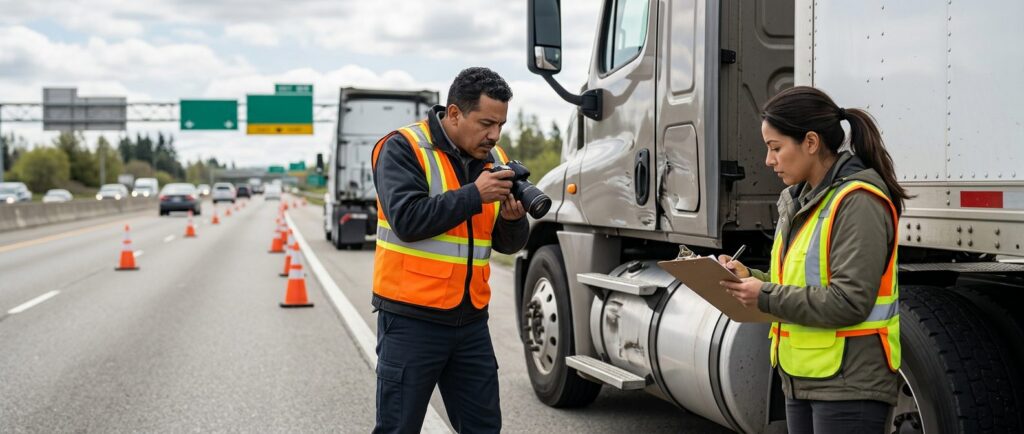 Investigadores documentan daños vehiculares en carretera tras colisión de camión comercial.