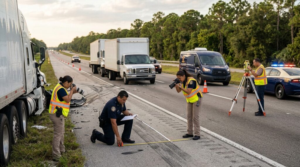 Investigadores documentan una colisión de camión comercial junto a un carril de autopista cerrado en Florida.