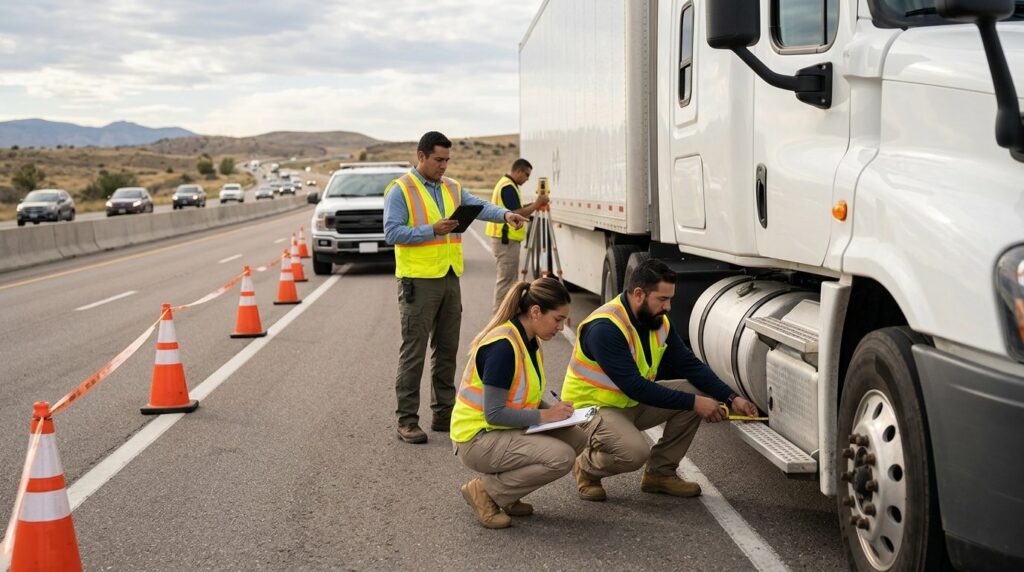 Investigadores documentan vehículos colisionados en carretera cerrada.