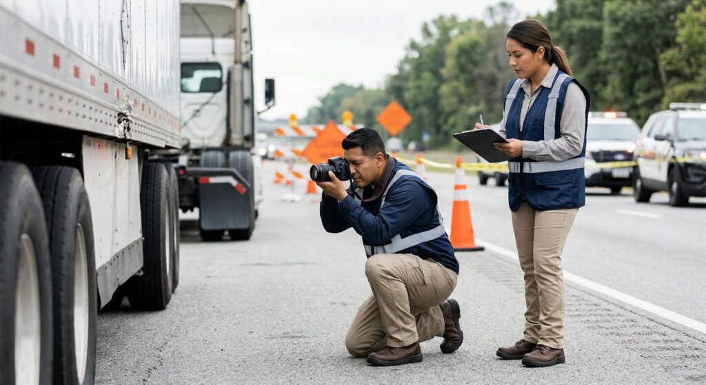 Investigadores documentan vehículos colisionados en carretera cerrada.