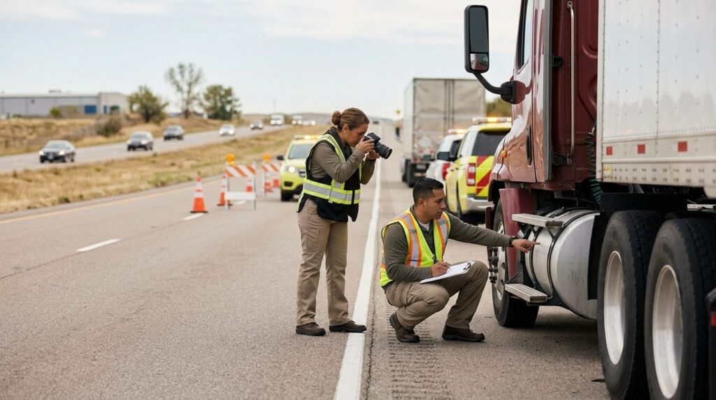 Investigadores documentan vehículos dañados en carretera cerrada tras colisión.