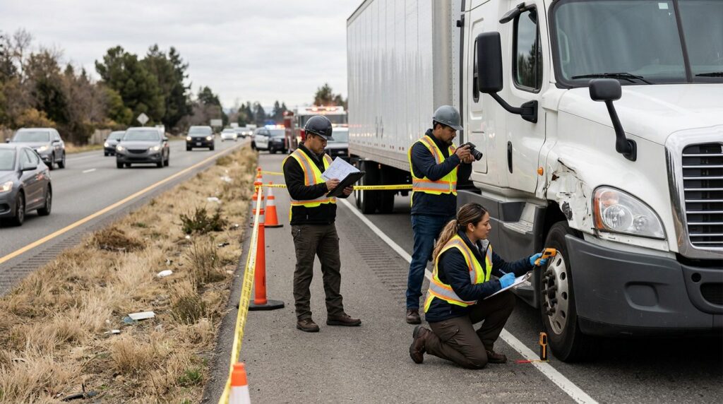 Investigadores documentan vehículos dañados en carretera cerrada junto a camión comercial.