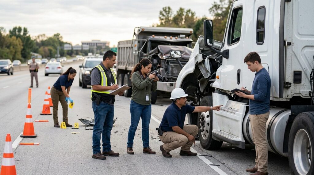 Investigadores documentan vehículos dañados en carretera cerrada tras colisión.