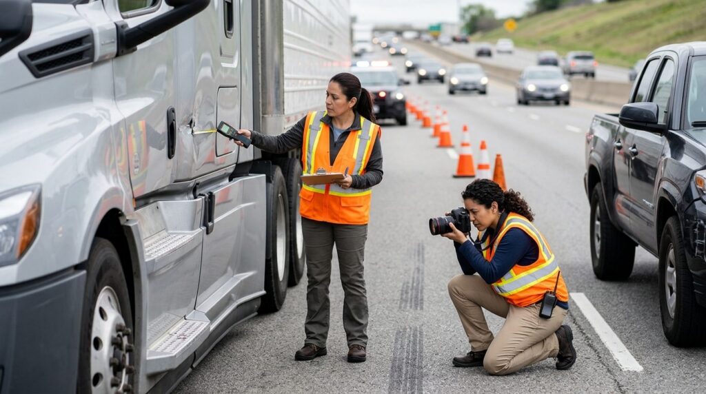 Investigadores documentan vehículos después de colisión en carretera cerrada.