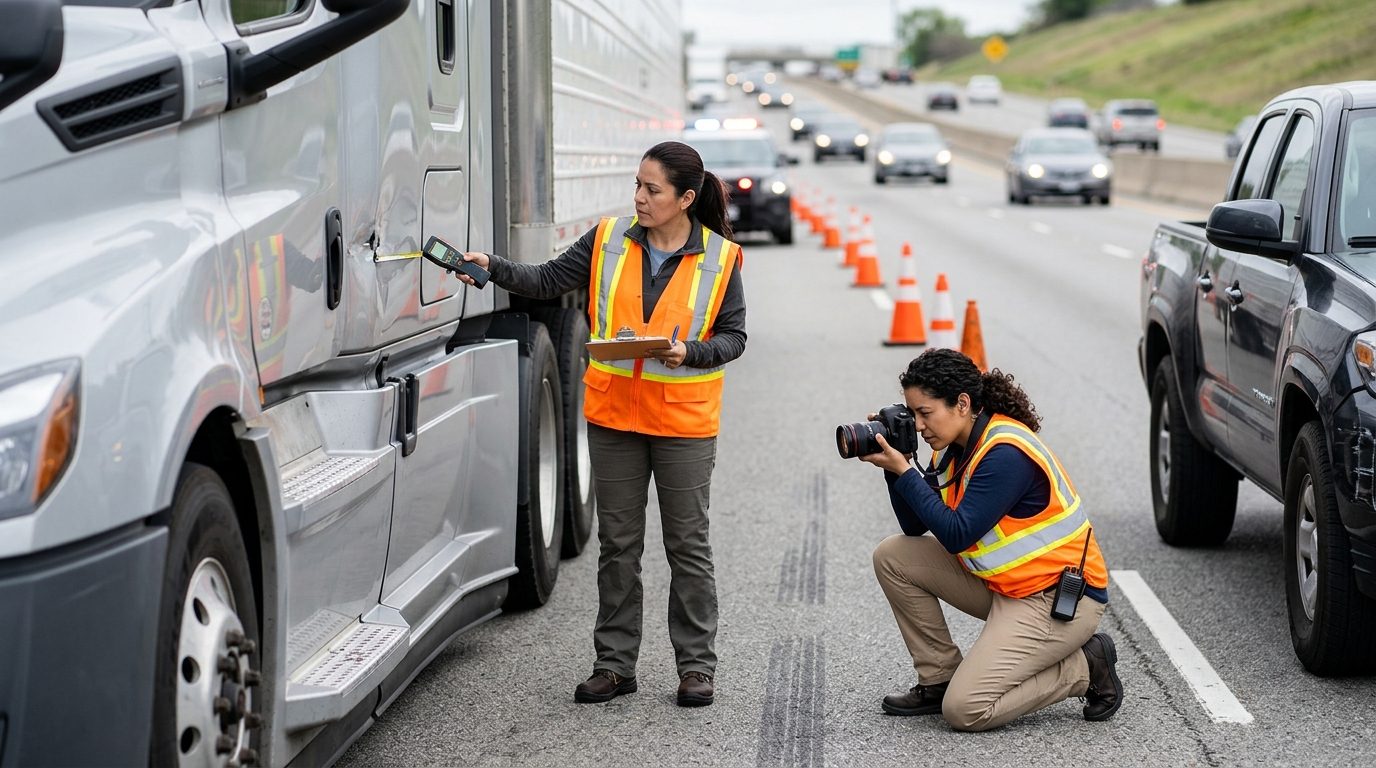 Investigadores documentan vehículos después de colisión en carretera cerrada.