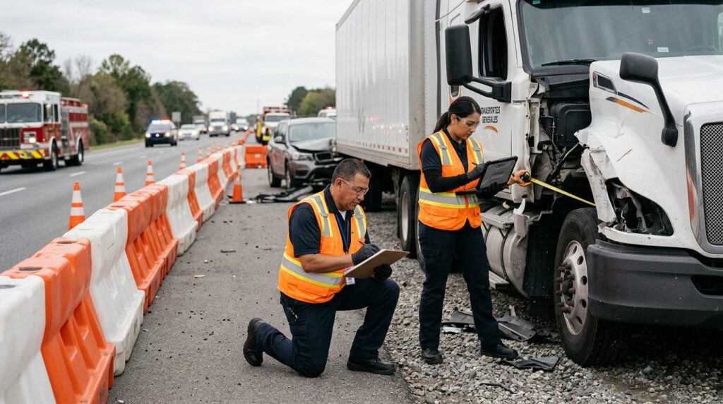 Investigadores documentan vehículos tras colisión de camión junto a un carril de autopista cerrado.