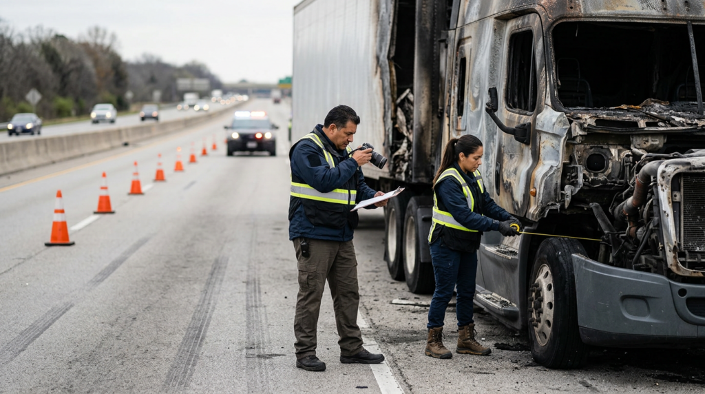 Investigadores documentan vehículos tras colisión de camión junto a un carril de autopista cerrado.