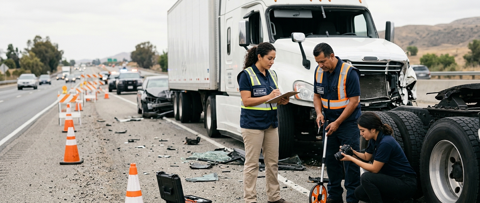Investigadores documentando una colisión de camión comercial junto a un carril de autopista cerrado.