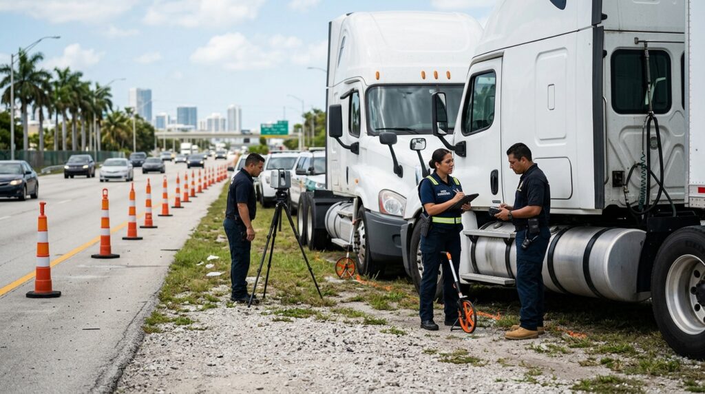 Investigadores hispanos documentan vehículos tras colisión de camión comercial junto a carril cerrado en autopista.