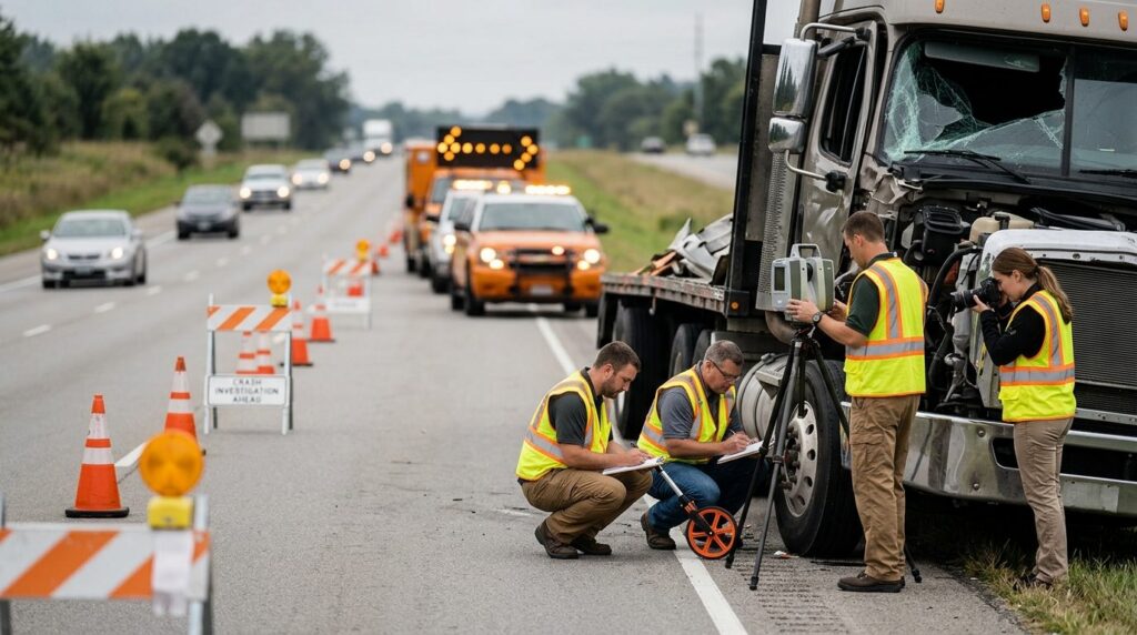 commercial truck collision investigators documenting vehicles safely beside a closed highway lane