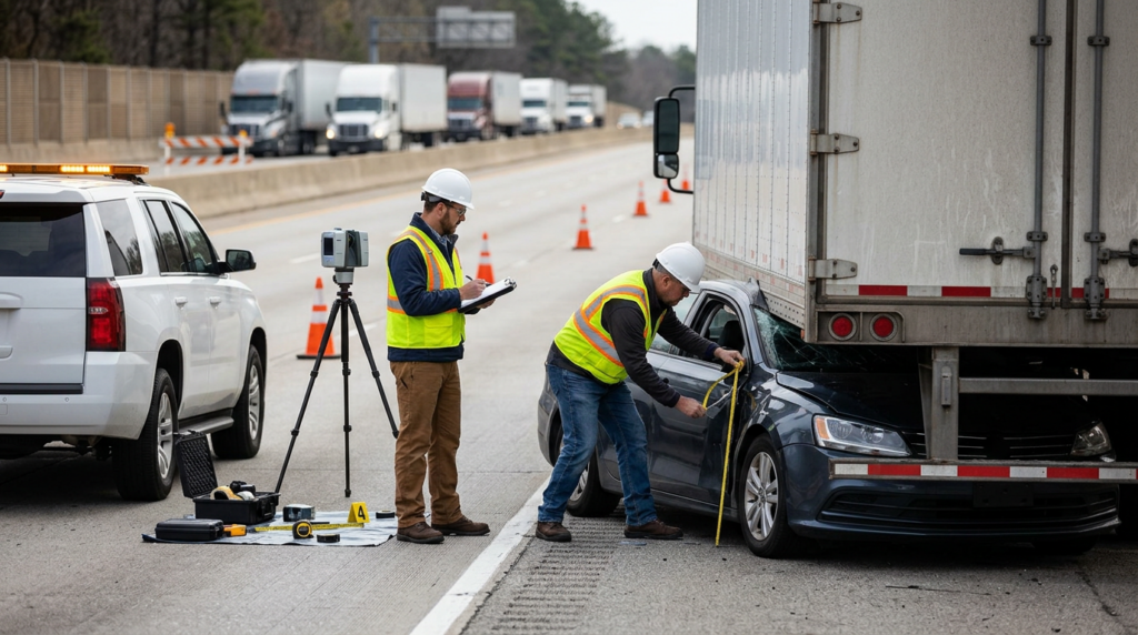 Investigators document a commercial truck and vehicle beside a closed highway lane after a collision.