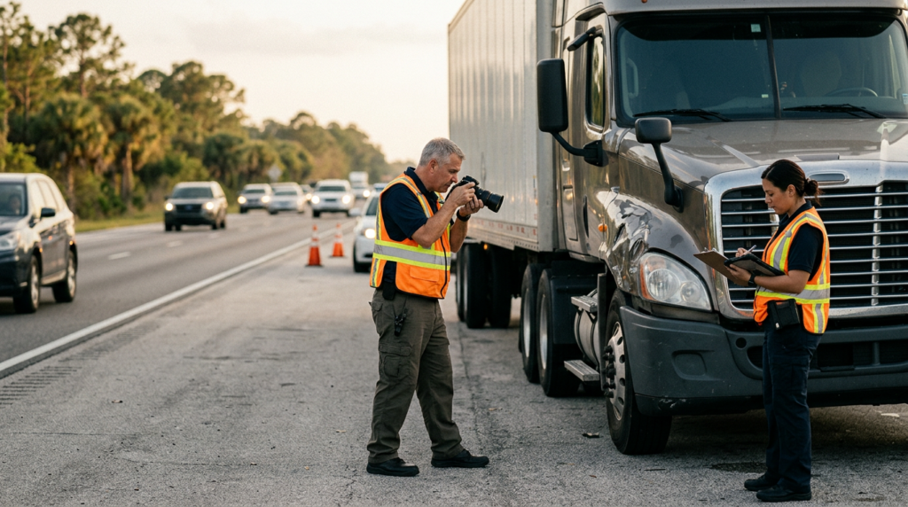 Investigators document a commercial truck collision beside a closed highway lane in Florida.