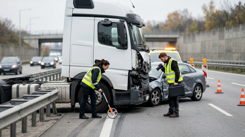 Investigators document a commercial truck collision beside a closed highway lane.