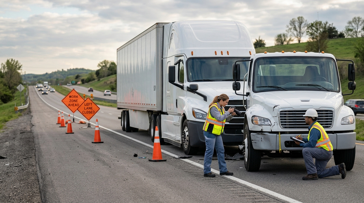 Investigators document a commercial truck collision beside a closed highway lane.