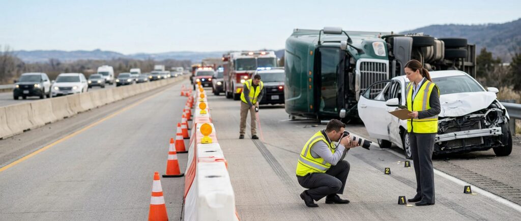 Investigators document a commercial truck collision beside a closed highway lane.