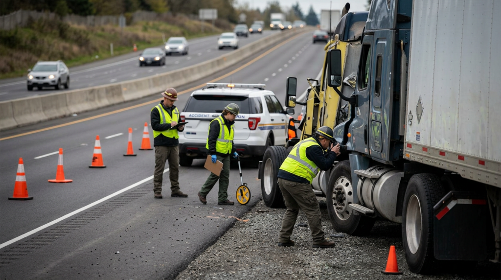 Investigators document a commercial truck collision beside a closed highway lane.