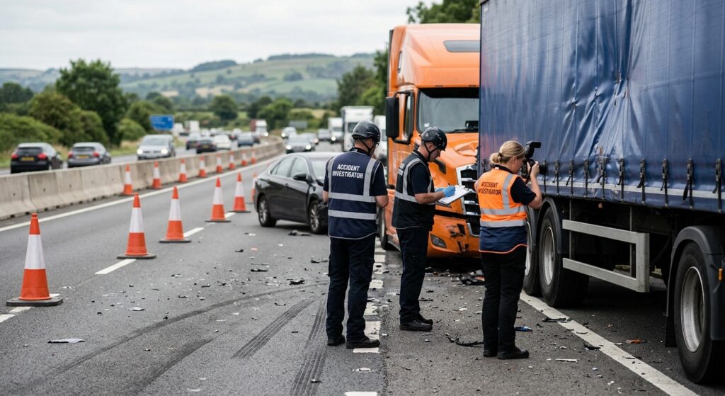 Investigators document a commercial truck collision beside a closed highway lane.