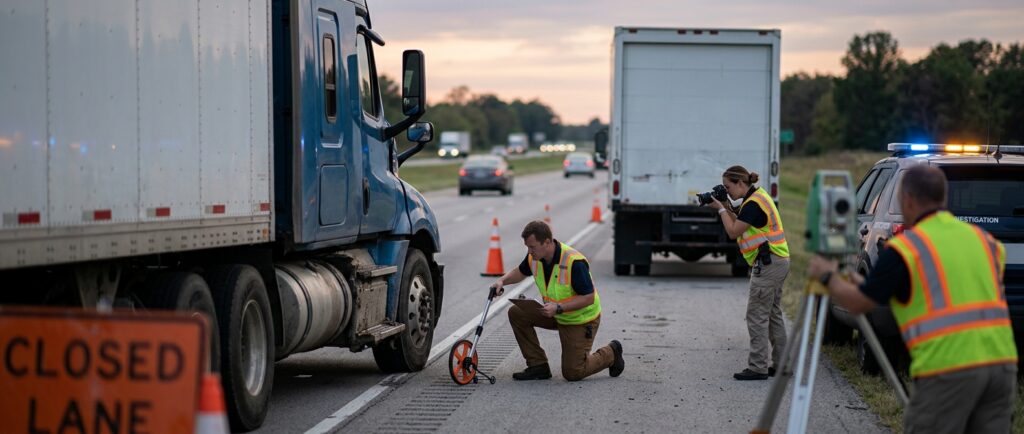 Investigators document a commercial truck collision beside a closed highway lane.
