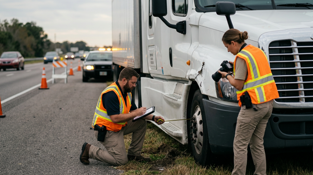 Investigators document a commercial truck collision beside a closed highway lane.