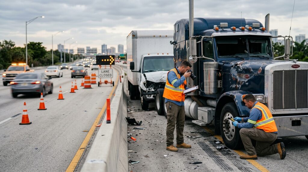 Investigators document a commercial truck collision beside a closed highway lane.