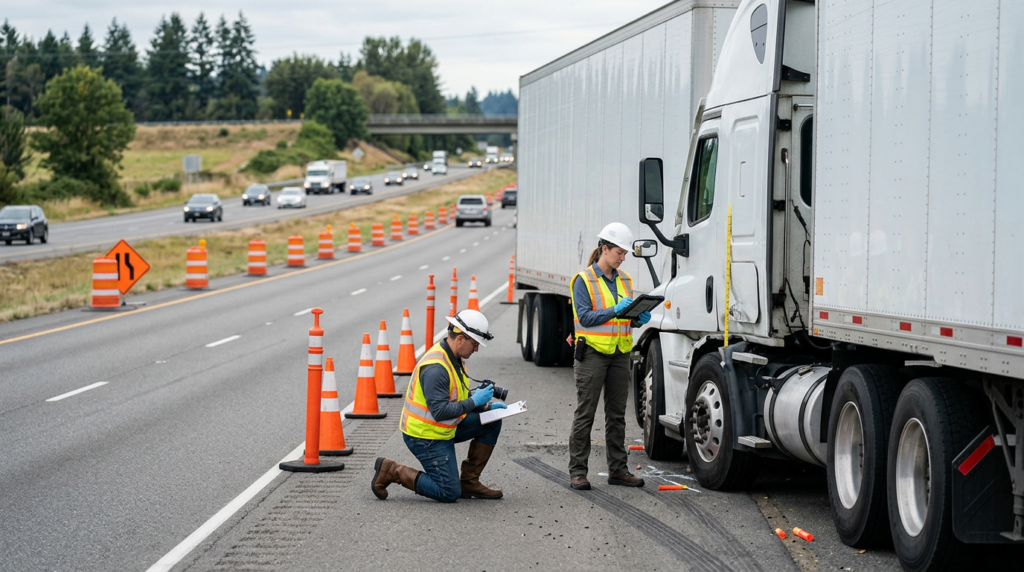Investigators document a commercial truck crash beside a closed highway lane.