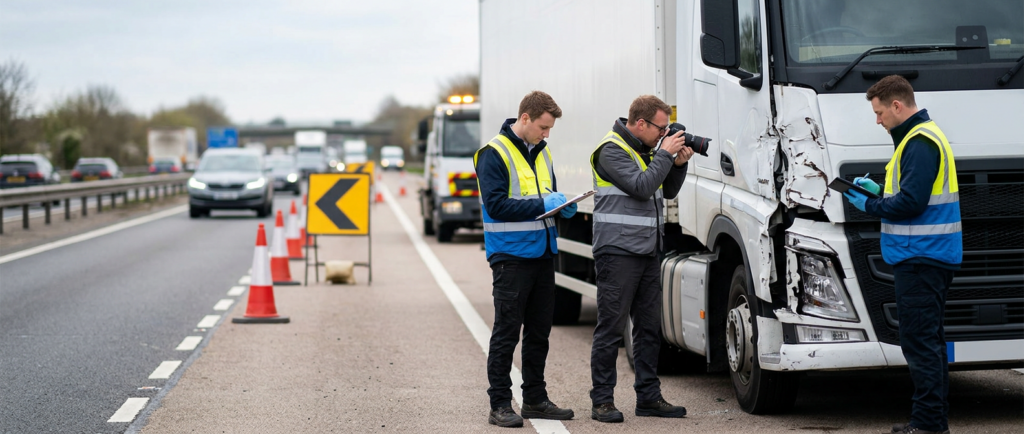 Investigators document a jackknifed commercial truck beside a closed highway lane after a collision.