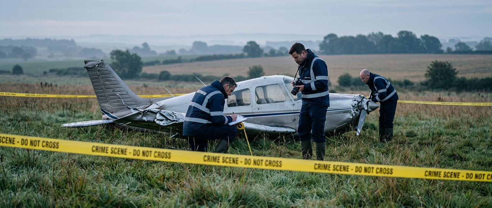 aviation accident investigators documenting a small aircraft fuselage in a cordoned field at dawn, non-graphic