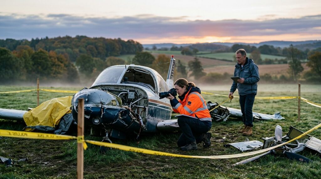 Investigators document aircraft wreckage in a cordoned field at dawn.