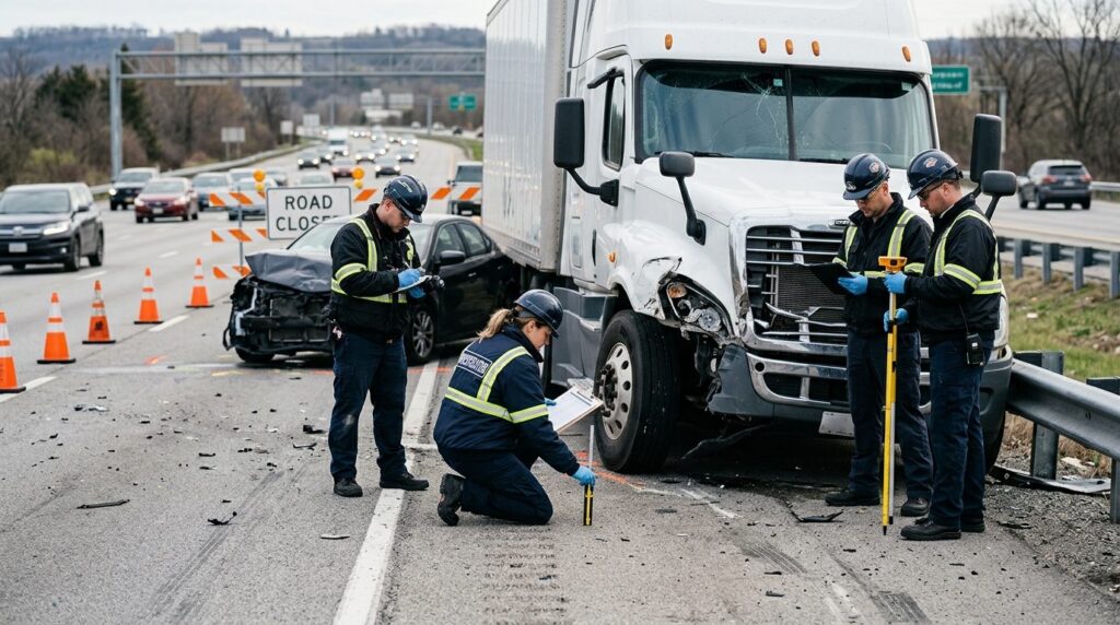 Investigators document damage to vehicles at a highway collision scene.